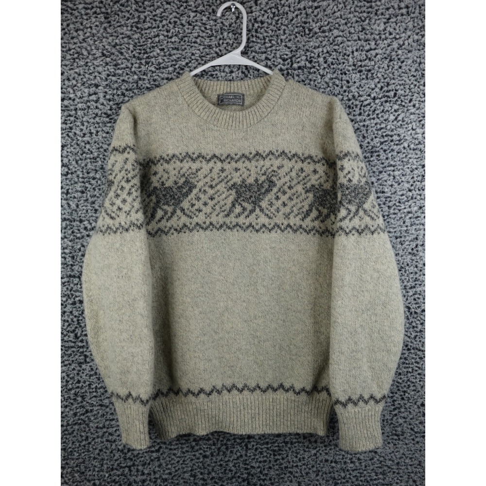 Vintage‎ Michael Richards XL Nordic Wool Sweater Beige Fair Isle Winter Pullover